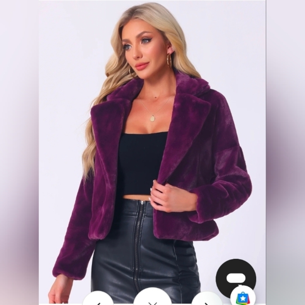 Allegra K Cropped Notch Lapel Faux Fur Fluffy Jacket